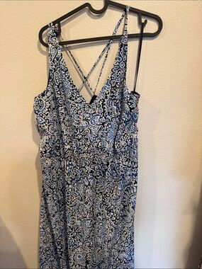 LOFT Womens Blue White Paisley Midi Dress Size Large Spaghetti Strap Sundress